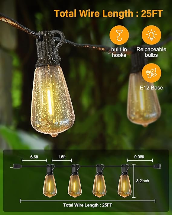 Outdoor String Lights Waterproof, 25 Feet With 12 Edison Bulbs