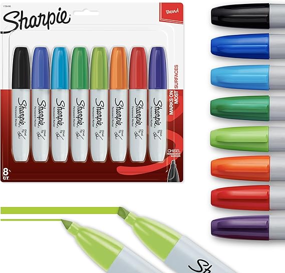 SHARPIE Permanent Markers, Broad, Chisel Tip, 8-Pack, Assorted Colors